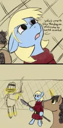 Size: 768x1546 | Tagged: safe, artist:thebathwaterhero, derpibooru import, oc, oc:maximilian, oc:sunny days, unofficial characters only, earth pony, pony, unicorn, series:entrapment, aura, bucket, cage, fence, gladiator, horn, magic, polearm, slave, story included, training, training dummy, wooden sword