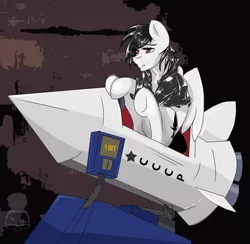 Size: 960x937 | Tagged: alternate cutie mark, artist:cjsclopcorner, cccp, clothes, derpibooru import, kiddie ride, leather jacket, oc, oc:revi stiletto, rocket, safe, solo, unofficial characters only