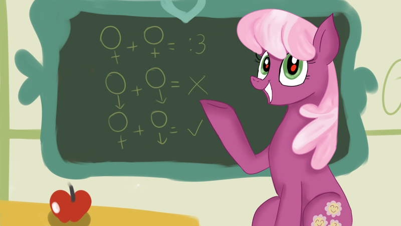 Size: 1280x720 | Tagged: :3, apple, artist:jbond, chalkboard, cheerilee, derpibooru import, double standard, female symbol, food, homophobia, insane troll logic, male symbol, redeye, safe, school, solo, style emulation, symbol, tradition