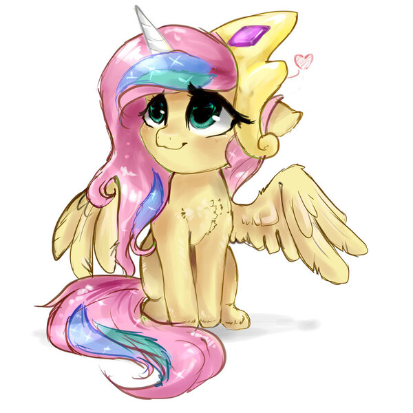 Size: 1024x1024 | Tagged: safe, artist:katemaximova, artist:upbeatderpness, derpibooru import, fluttershy, pegasus, pony, testing testing 1-2-3, blushing, chest fluff, clothes, costume, cute, daaaaaaaaaaaw, fake horn, female, heart, hnnng, implied princess celestia, mare, shyabetes, shylestia, simple background, sitting, smiling, solo, spread wings, tiara, white background