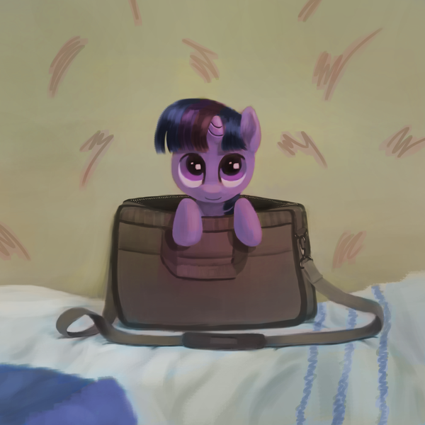 Size: 1600x1600 | Tagged: artist:fahu, bag, cute, daaaaaaaaaaaw, derpibooru import, filly, pony in a bag, safe, solo, twiabetes, twilight sparkle, younger