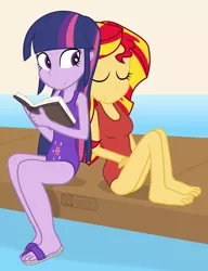 Size: 900x1170 | Tagged: safe, artist:dm29, derpibooru import, sunset shimmer, twilight sparkle, equestria girls, barefoot, book, clothes, cute, cutie mark swimsuit, duo, feet, julian yeo is trying to murder us, one-piece swimsuit, purple swimsuit, red swimsuit, sandals, shimmerbetes, swimsuit, twiabetes