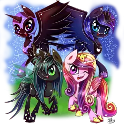 Size: 900x900 | Tagged: dead source, safe, artist:inky-pinkie, derpibooru import, nightmare moon, princess cadance, princess luna, queen chrysalis, alicorn, changeling, changeling queen, nymph, pony, cute, cutealis, cutedance, female, happy, heart, heart eyes, looking at you, lunabetes, moonabetes, one eye closed, open mouth, self ponidox, signature, simple background, smiling, smiling at you, transparent background, wingding eyes, wink