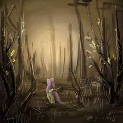 Size: 1024x1024 | Tagged: safe, artist:katemaximova, derpibooru import, fluttershy, pegasus, pony, dark, forest, scenery, solo