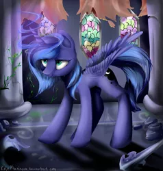 Size: 1024x1075 | Tagged: safe, artist:katemaximova, derpibooru import, princess luna, friendship is magic, s1 luna, scene interpretation, solo