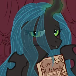Size: 900x900 | Tagged: artist:zoomboomerz, bedroom eyes, blushing, book, changeling, changeling queen, cute, cutealis, dead source, derpibooru import, dork, dorkalis, female, glowing horn, hoof hold, hyperspace hyperwars, looking at you, magic, queen chrysalis, safe, smiling, solo, tabletop game