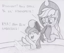 Size: 1137x941 | Tagged: adorabloom, apple bloom, applejack, artist:lockerobster, bath, cute, derpibooru import, filly, monochrome, safe, sisters, splashing, undressing