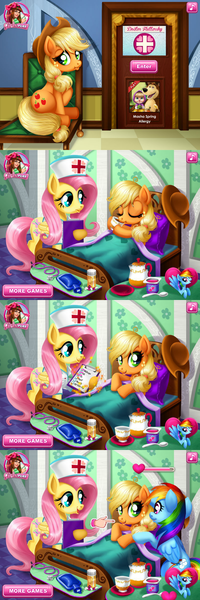 Size: 960x2880 | Tagged: safe, derpibooru import, screencap, applejack, fluttershy, rainbow dash, pony, doctor fluttershy, flash game, game, nurse