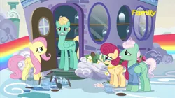 Size: 1275x715 | Tagged: safe, derpibooru import, screencap, fluttershy, gentle breeze, posey shy, zephyr breeze, pegasus, pony, flutter brutter, angry, annoyed, broken glass, discovery family logo, door, family, female, flower, looking at you, male, mare, shy family house, shys, stallion, the shy family