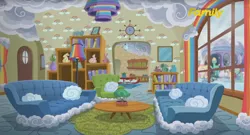 Size: 1660x899 | Tagged: safe, derpibooru import, screencap, fluttershy, gentle breeze, posey shy, zephyr breeze, pony, flutter brutter, cloud, discovery family logo, interior, living room, rainbow, shy family house