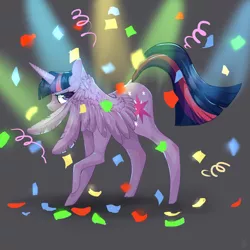 Size: 1024x1024 | Tagged: safe, artist:katemaximova, derpibooru import, twilight sparkle, twilight sparkle (alicorn), alicorn, pony, trade ya, confetti, covering, hiding behind wing, looking at you, nervous, peeking, raised hoof, scene interpretation, shy, solo, wings