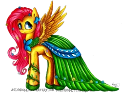 Size: 1600x1242 | Tagged: artist:julunis14, clothes, derpibooru import, dress, fluttershy, gala dress, safe, simple background, solo, spread wings, traditional art, transparent background