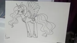 Size: 2592x1456 | Tagged: safe, artist:valcron, derpibooru import, princess celestia, frown, monochrome, solo, spread wings, tongue out, traditional art