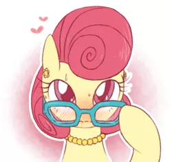 Size: 608x572 | Tagged: safe, artist:raridashdoodles, derpibooru import, posey shy, pegasus, pony, flutter brutter, blushing, cute, female, glasses, gradient background, heart, looking at you, mare, meganekko, necklace, nervous, pearl necklace, shy, solo, sweat, that was fast, wavy mouth