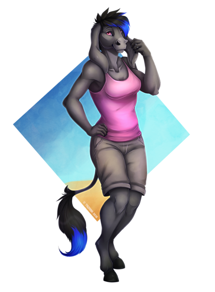 Size: 2500x3391 | Tagged: anthro, armpits, artist:tazara, clothes, derpibooru import, donkey, oc, oc:tara, realistic, safe, shorts, solo, unguligrade anthro, unofficial characters only, vest