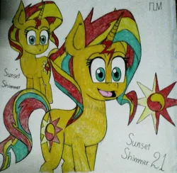 Size: 1201x1171 | Tagged: safe, artist:ponylockseedtum, derpibooru import, sunset shimmer, oc, oc:sunset 21, oc:sunset shimmer 21, alternate timeline, canon x oc, counterparts, cutie mark, shipping, traditional art, twilight's counterparts