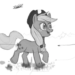 Size: 1700x1700 | Tagged: semi-grimdark, artist:hypno, derpibooru import, applejack, pony, black and white, destruction, giant pony, grayscale, hat, macro, monochrome, plane crash, sketch, smoke