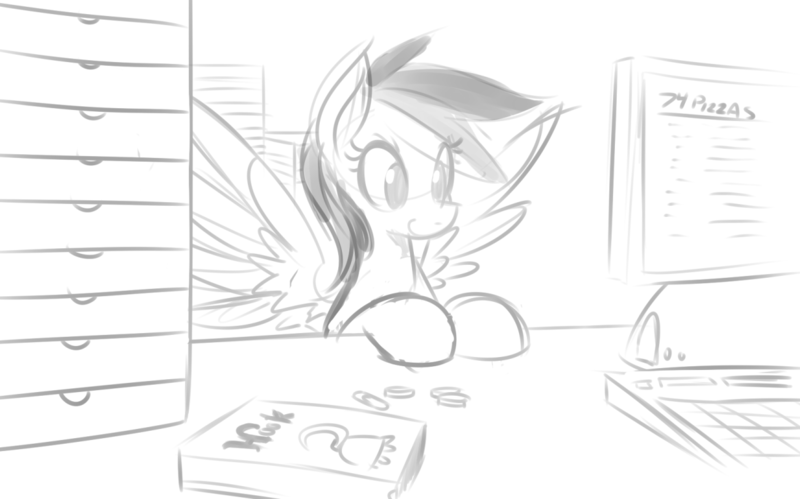 Size: 1301x812 | Tagged: artist:reiduran, bits, cash register, computer, cute, dead source, derpibooru import, food, monochrome, pizza, rainbow dash, safe, simple background, sketch, smiling, solo, spread wings, that pony sure does love pizza, vhs, white background