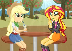 Size: 1325x943 | Tagged: safe, artist:majkashinoda626, derpibooru import, applejack, sunset shimmer, equestria girls, appleshimmer, boots, cider, clothes, cowboy boots, cowboy hat, crepuscular rays, denim skirt, female, glass, hat, leather jacket, lesbian, shipping, shoes, sipping, sitting, skirt, stetson, stool, table