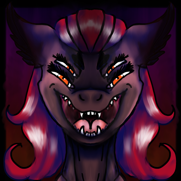 Size: 1730x1730 | Tagged: safe, artist:brainiac, derpibooru import, oc, oc:four eyes, unofficial characters only, alien, demon, adoracreepy, creepy, cute, fangs, female, four eyes, kitchen eyes, looking at you, multiple eyes, present, scary, sharp teeth, smiling, smirk, solo