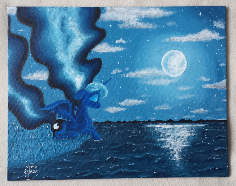 Size: 1024x805 | Tagged: artist:deadliestvenom, derpibooru import, eyes closed, floppy ears, lake, moon, night, princess luna, prone, reflection, safe, solo, spread wings, traditional art, water