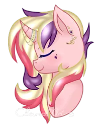 Size: 953x1175 | Tagged: safe, artist:cloureed, derpibooru import, oc, oc:magenta, unofficial characters only, pony, unicorn, bust, eyes closed, horn jewelry, jewelry, ponysona, portrait, simple background, solo, transparent background