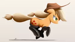 Size: 1920x1080 | Tagged: safe, artist:ncmares, derpibooru import, applejack, earth pony, pony, clothes, cowboy hat, female, fireproof boots, freckles, hat, mare, running, signature, solo, stetson