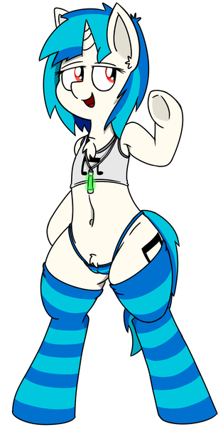 Size: 854x1630 | Tagged: questionable, artist:coatieyay, derpibooru import, pony, belly button, bipedal, blue underwear, cameltoe, chest fluff, clothes, female, glowstick, panties, pubic fluff, red eyes, simple background, socks, solo, solo female, striped socks, striped underwear, thong, underwear, white background, wrong eye color