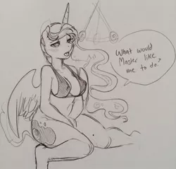 Size: 1280x1222 | Tagged: anthro, artist:glacierclear, belly button, bikini, blushing, bottomless, breasts, busty princess luna, cleavage, clothes, covering, derpibooru import, erect nipples, female, lunasub, mind control, monochrome, nipple outline, nipples, plump, princess luna, sketch, solo, solo female, suggestive, swimsuit, traditional art, unguligrade anthro
