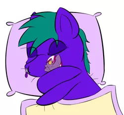 Size: 1280x1182 | Tagged: adult foal, artist:gift, bed, blanket, derpibooru import, oc, oc:night hook, oc:nighthook, pacifier, peaceful, pillow, plushie, safe, sleeping, snuggling, solo, unofficial characters only