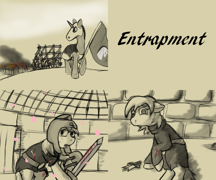 Size: 1440x1200 | Tagged: semi-grimdark, artist:thebathwaterhero, derpibooru import, oc, oc:sunny days, unofficial characters only, pony, unicorn, series:entrapment, arena, armor, bad end, blood, broken sword, cage, captive, clothes, cut, cutie mark, cyoa, defeated, door, fire, flag, gladiator, helmet, injured, logo, mask, monochrome, petals, prisoner, prone, recap, shield, slave, slaver, smoke, solo, story included, sword, this will end in tears and/or death, title, title card, unicorn tribe, weapon, worried