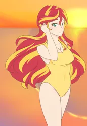 Size: 1280x1860 | Tagged: suggestive, artist:jonfawkes, derpibooru import, sunset shimmer, human, equestria girls, beach, breasts, busty sunset shimmer, cleavage, clothes, cute, female, humanized, looking at you, one-piece swimsuit, shimmerbetes, smiling, solo, solo female, sunset, swimsuit, yellow swimsuit