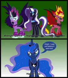 Size: 2000x2301 | Tagged: safe, artist:mlp-silver-quill, derpibooru import, idw, nightmare rarity, princess luna, sci-twi, sunset shimmer, twilight sparkle, ponified, pony, equestria girls, friendship games, before it was cool, comic, equestria girls ponified, hipster, midnight sparkle, sunset satan