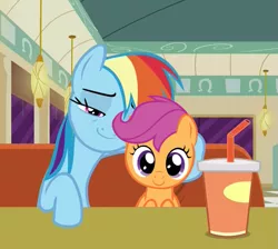 Size: 759x681 | Tagged: safe, derpibooru import, edit, edited screencap, screencap, rainbow dash, scootaloo, pony, the saddle row review, best sisters, cute, cutealoo, diner, exploitable meme, faic, female, filly, friendship, happy, interview, mare, meme, rainbow dash is best facemaker, scootalove, smiling, smug, smugdash