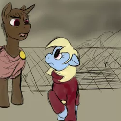 Size: 768x768 | Tagged: semi-grimdark, artist:thebathwaterhero, derpibooru import, oc, oc:sunny days, unofficial characters only, pony, unicorn, series:entrapment, bald, clothes, dark clouds, female, fence, filly, floppy ears, frown, gladiator, glare, male, old, slave, stallion, story included, talking