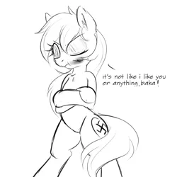 Size: 1866x1866 | Tagged: suggestive, artist:randy, derpibooru import, oc, oc:aryanne, unofficial characters only, earth pony, pony, baka, bipedal, black and white, blushing, chest fluff, crossed arms, ear fluff, female, grayscale, heart, lineart, mare, monochrome, nazi, solo, standing, swastika, text, tsundere