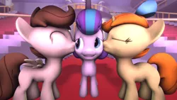 Size: 1920x1080 | Tagged: 3d, artist:viranimation, bisexual, colt, derpibooru import, female, filly, flurry heart gets all the foals, kissing, kiss on the cheek, kiss sandwich, lesbian, lesbian in front of boys, male, older, ot3, pound cake, poundflurry, princess flurry heart, pumpkin cake, pumpkin heart, pumpoundurry, safe, shipping, source filmmaker, straight