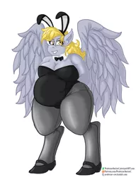 Size: 800x1043 | Tagged: aderpose, anthro, artist:professordoctorc, bbw, breasts, bunny ears, bunny suit, busty derpy hooves, chubby, clothes, derpibooru import, derpy hooves, fat, female, leotard, playboy bunny, simple background, solo, solo female, suggestive, unguligrade anthro