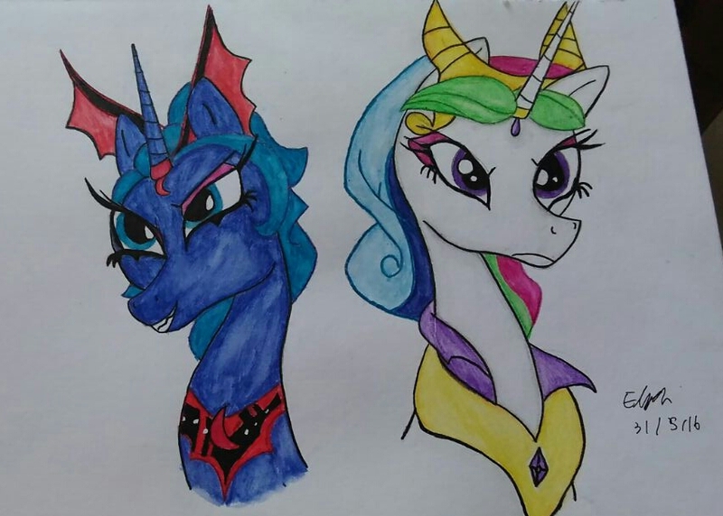 Size: 852x609 | Tagged: artist:lizzyisme, bust, dark mirror universe, derpibooru import, duo, evil celestia, evil counterpart, evil luna, evil sisters, idw, portrait, princess celestia, princess luna, safe, traditional art