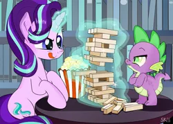 Size: 1232x880 | Tagged: safe, artist:dsana, derpibooru import, spike, starlight glimmer, dragon, pony, unicorn, :p, angry, baby, baby dragon, blocks, book, bookshelf, bucket, cheating, crossed arms, cute, cutie mark, duo, female, food, frown, game, glare, glimmerbetes, glowing horn, hax, horn, jenga, levitation, licking, licking lips, magic, mare, popcorn, pure unfiltered evil, raised eyebrow, scales, signature, smirk, spikabetes, spike is not amused, table, telekinesis, tongue out, twilight's castle, unamused