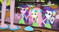 Size: 768x420 | Tagged: safe, derpibooru import, fluttershy, pinkie pie, rarity, twilight sparkle, equestria girls, shake your tail, clothes, fake captions, feet, flower, flower in hair, grass skirt, hawaiian, hawaiian flower in hair, hula, hularity, hulashy, lei, sandals, skirt