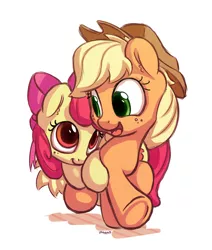 Size: 1100x1300 | Tagged: safe, artist:bobdude0, derpibooru import, apple bloom, applejack, earth pony, pony, adorabloom, applebetes, applejack's hat, bow, cowboy hat, cute, daaaaaaaaaaaw, female, filly, freckles, hair bow, happy, hat, jackabetes, looking at each other, mare, open mouth, simple background, sisters, smiling, stetson