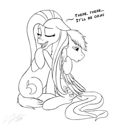 Size: 2088x2190 | Tagged: safe, artist:tsand106, derpibooru import, fluttershy, oc, comforting, hug, monochrome