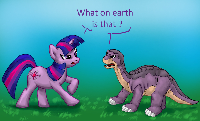 Size: 1099x666 | Tagged: safe, artist:furball891, derpibooru import, twilight sparkle, brachiosaurus, dinosaur, pony, unicorn, anachronism, crossover, littlefoot, the land before time, unicorn twilight