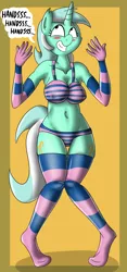 Size: 700x1500 | Tagged: adorasexy, anthro, artist:ziemniax, belly button, bikini, blushing, both cutie marks, breasts, busty lyra heartstrings, cleavage, clothes, cute, derpibooru import, dialogue, evening gloves, female, gloves, hand, implied lesbian, implied lyrabon, implied shipping, lyrabetes, lyra heartstrings, panties, plantigrade anthro, sexy, socks, solo, solo female, squee, striped socks, striped underwear, suggestive, swimsuit, thigh highs, underwear