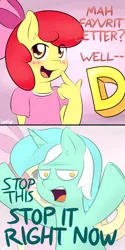 Size: 800x1606 | Tagged: suggestive, artist:lamia, derpibooru import, apple bloom, lyra heartstrings, anthro, blushing, cockblock, comic, dialogue, give her the dick, implied foalcon, she wants the d, the d, zoom layer