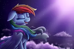 Size: 1920x1280 | Tagged: artist:midnightsix3, clothes, cloud, crepuscular rays, derpibooru import, eyes closed, floppy ears, night, rainbow dash, redraw, safe, scarf, solo, stars, windswept mane