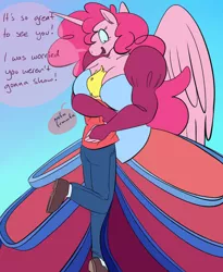 Size: 900x1100 | Tagged: alicorn, anthro, artist:goat train, between breasts, big breasts, boob smothering, breasts, busty pinkie pie, cleavage, clothes, derpibooru import, dress, female, giantess, human, macro, pinkiecorn, pinkie pie, race swap, size difference, smothering, suggestive, xk-class end-of-the-world scenario