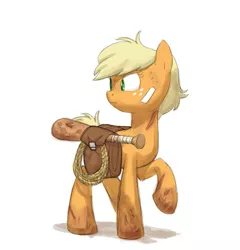 Size: 773x805 | Tagged: alternate hairstyle, alternate universe, applejack, artist:carnifex, baseball bat, derpibooru import, dirty, lasso, looking back, missing accessory, raised hoof, ropes, saddle bag, safe, scar, solo, survivor