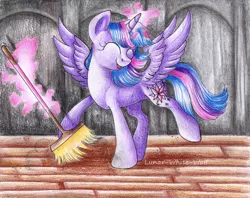 Size: 3081x2445 | Tagged: safe, artist:lunar-white-wolf, derpibooru import, twilight sparkle, twilight sparkle (alicorn), alicorn, pony, the saddle row review, adorkable, broom, cute, dork, eyes closed, magic, scene interpretation, solo, spread wings, sweeping, sweepsweepsweep, telekinesis, traditional art, twiabetes, twilight sweeple